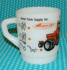 Vtg AH Fire King Milk Glass Coffee Mug Cup Avon Farm Supply IL Advertising GEHL