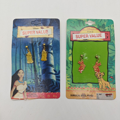 Vintage Disney AAi Pocahontas & Lion King Enamel Dangle Earrings NOS Lot of 2