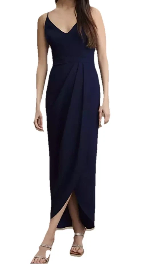 bhldn navy bridesmaid dresses Azazie Maksim Dark Navy Stretch Satin Bridesmaid Dresses