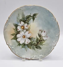 Unmarked Hand Painted Gilded Dogwood 8.25" Porcelain Plate signed Marie Verley