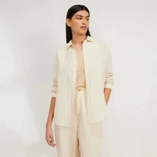 Everlane Shirt 6 Ivory + Tan Linen Striped Button Up Long Sleeve Top $88.+