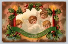 Vintage Embossed German Christmas Postcard - Angels Cherubs Holly Berries 1910s