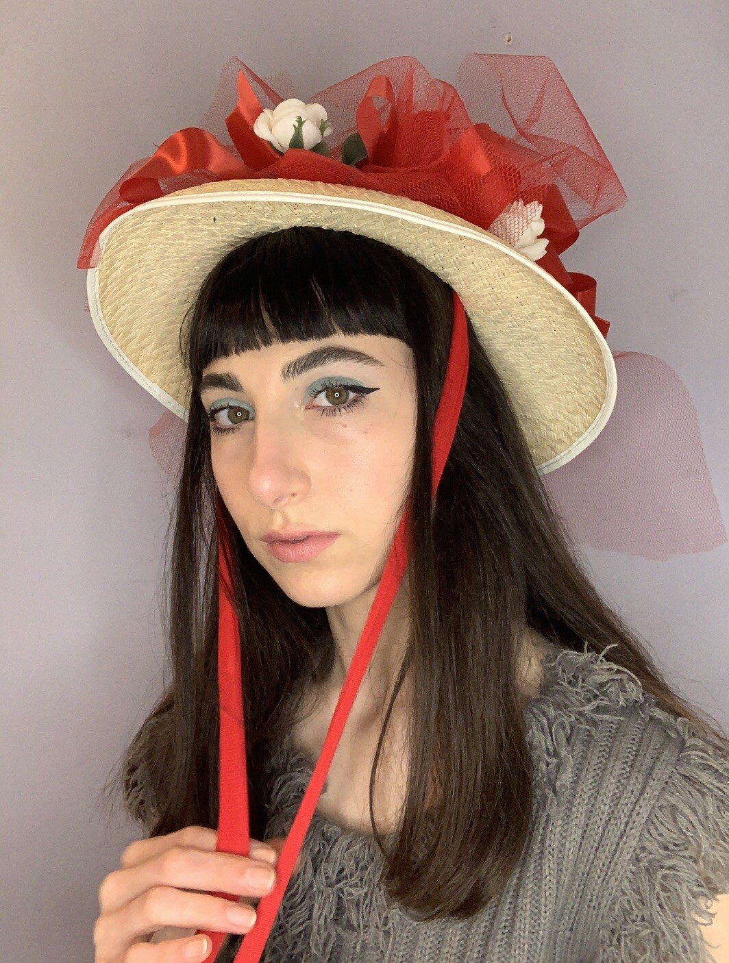 1960s Straw Boater Hat With Red Chin Straps, Flowers,… Gem