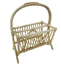 VTG MCM Primitive Rattan Magazine Newspaper Rack  Bamboo Book Holder Retro