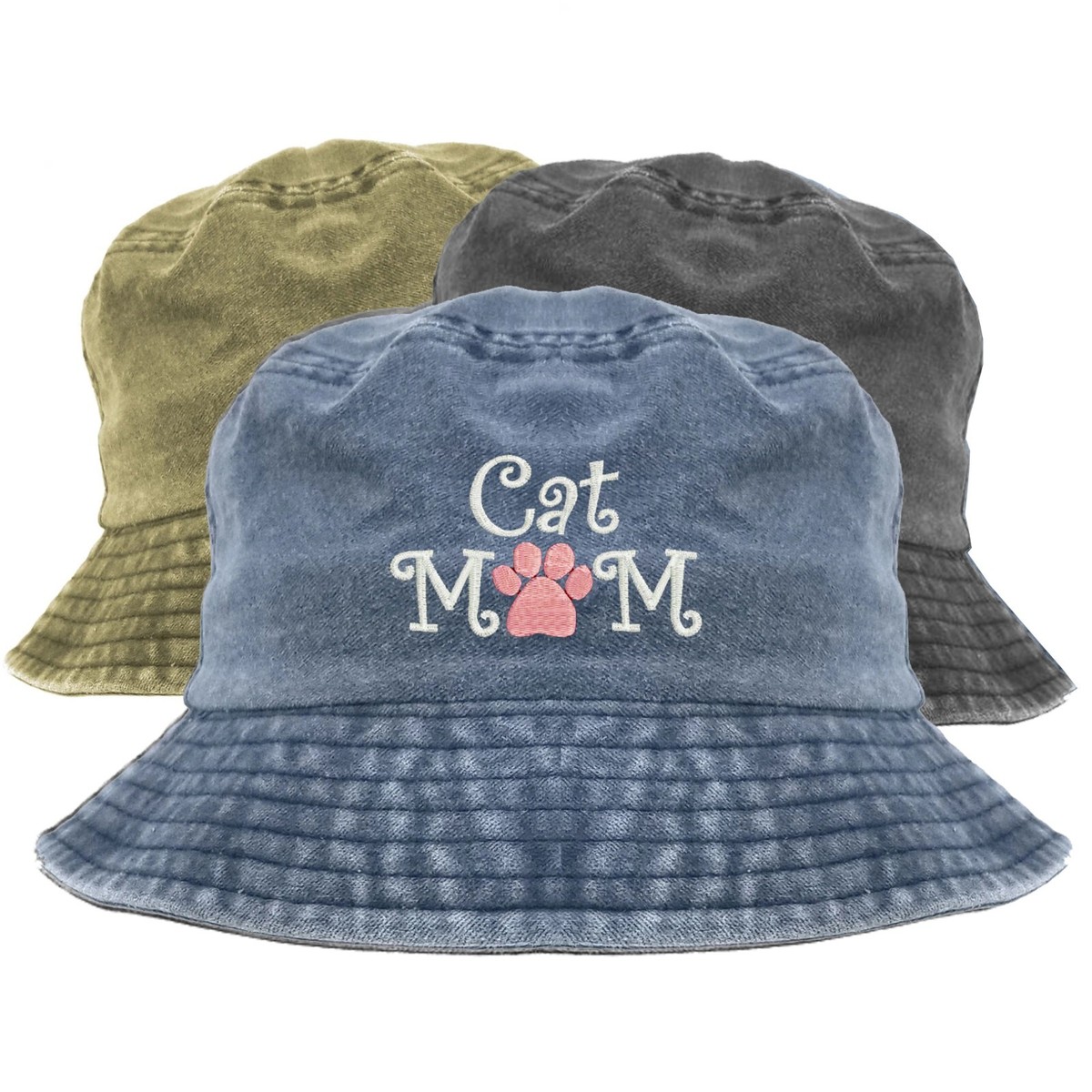 CAT MOM with paw embroidered bucket hat, pigment dyed bucket hat