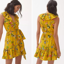 Anthropologie Maeve Floral Faux Wrap Ruffle Colorful Flowy Mini Dress - Medium