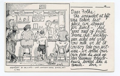 Family Travels Lunch Restaurant Cowboy Comic Art Humor Kartoon Kards Postcard