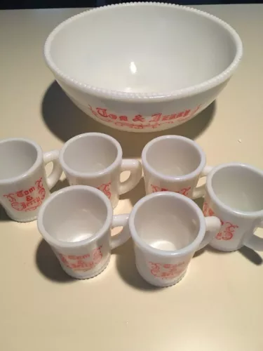 Vintage McKee Tom and Jerry Punch Bowl Set  White Red Egg Nog