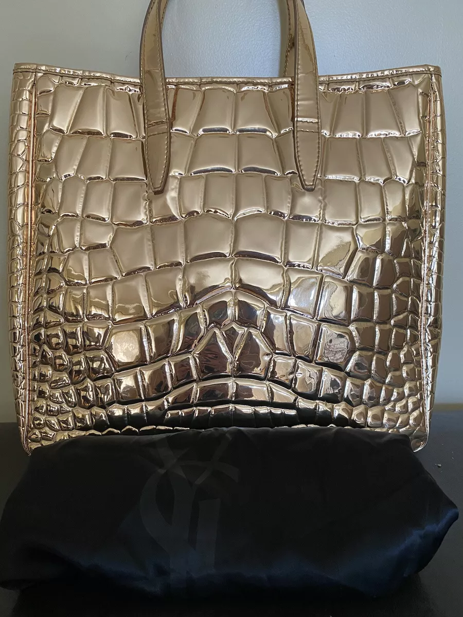 Auth YVES SAINT LAURENT YSL Rive Gauche Gold Croc Patent Leather Tote Bag