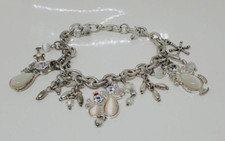 Angel Snowman Charm Bracelet Silver Tone Snowflake Beads Rhinestones 7"
