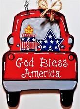 AMERICANA God Bless America RED TRUCK 4th of July SIGN Wall Door Hanger Plaque