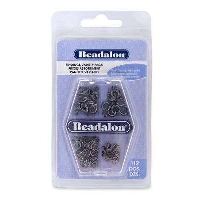 BEADALON Jewelry Findings Variety Pack, Hematite Color - 112 pcs