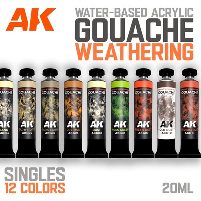 AK Interactive: GOUACHE - Weathering Effect Acrylic Paints - Singles 12 Colors