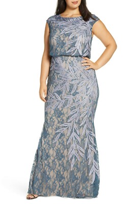 JS Collections Soutache Lace Blouson Gown, Size 18W in Slate 