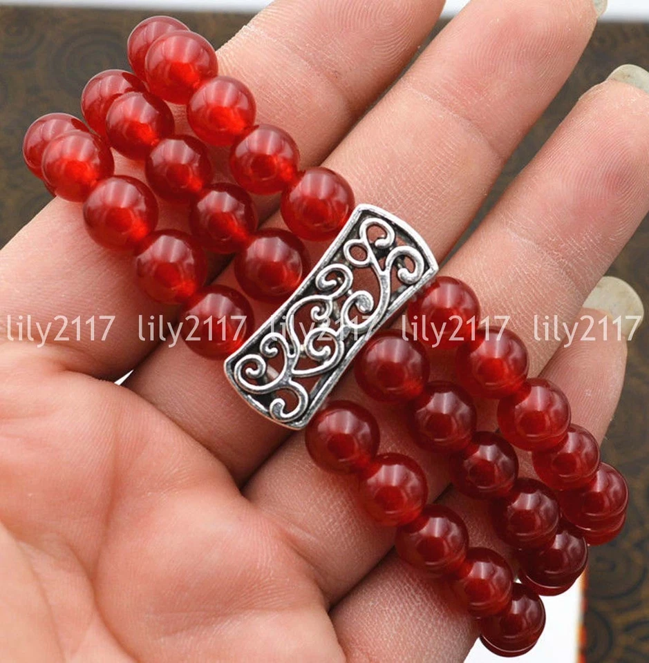 Brazalete Natural 3 Filas 8mm Cuentas de Jade Rojo Elastizado Plata Tibetana Gemas 7.5"" AAA Foto 4 de 4