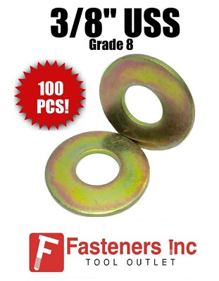 (Qty 100) 3/8'' USS Flat Washers Thru-Hardened / Grade 8 Yellow Zinc