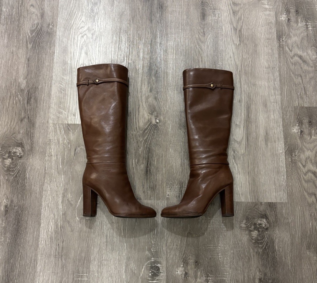 Louis Vuitton Brown Leather Knee High Heeled Boots Block Heel EU 36.5 Italy Made