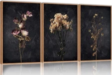 Dark Moody Dried Floral Wall Art, Framed Canvas Print Set of 3, Minimalist Bo...
