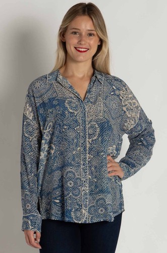 Johnny Was Martijn Blue Silk Shirt in Denim Embroidery Print Sz XS - Picture 6 of 17
