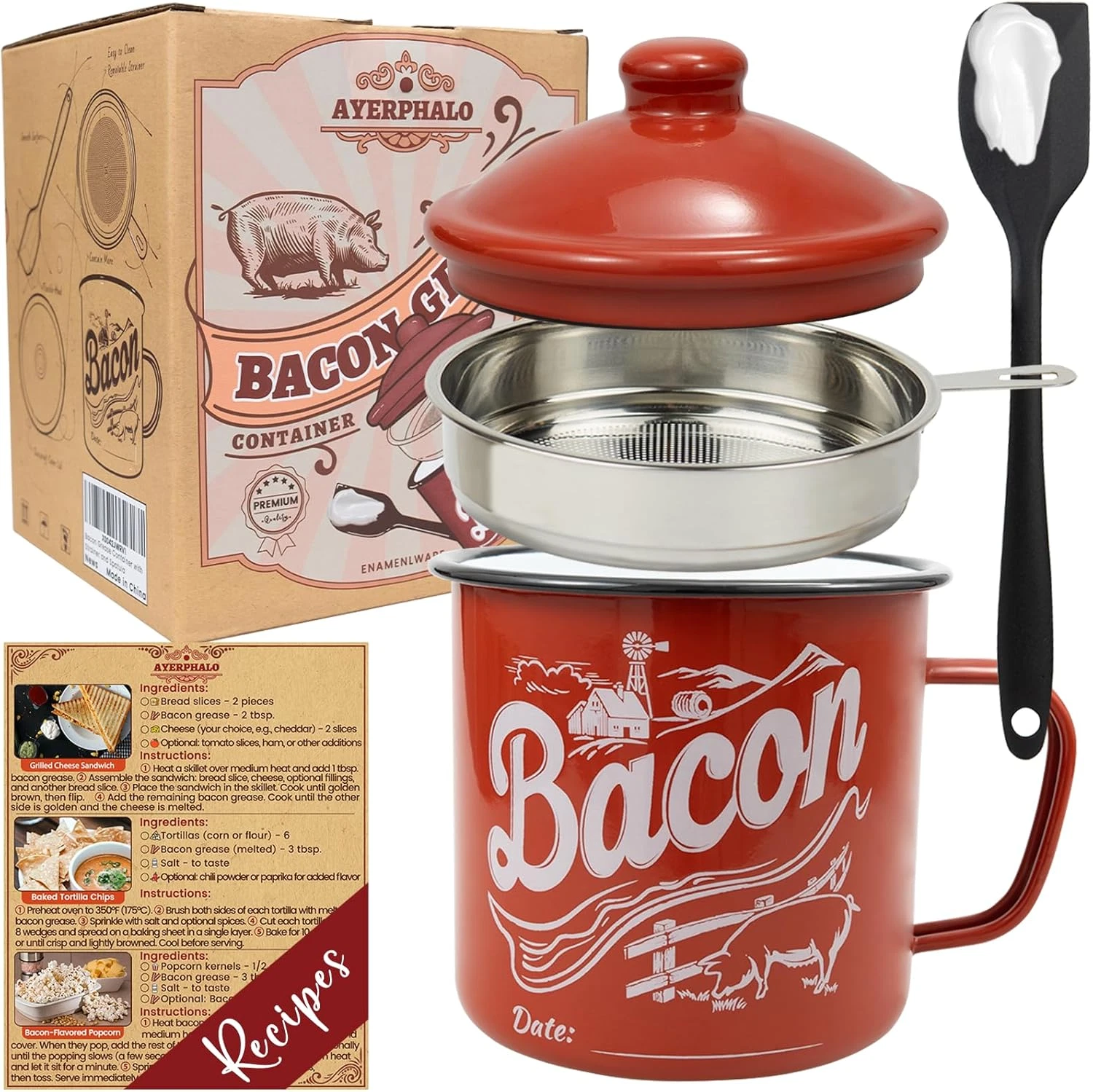 Ayerphalo Bacon Grease Container with Strainer - with Food-Grade Silicone Spatul