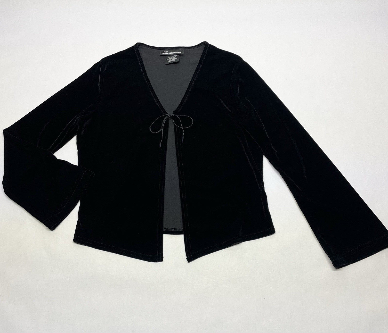 VTG No Boundaries Black Velvet Tie Front Cardigan Top Jrs L 90s Y2K Goth Grunge