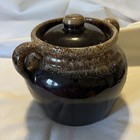 Brown Beige Ceramic Jar with Handle Lid Glossy Finish USA Impressed Mark — photo 1
