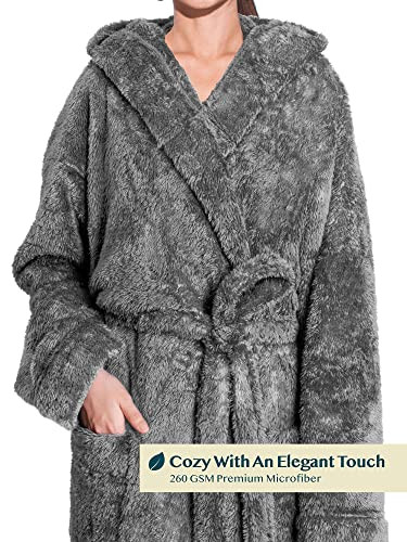 Women Hooded Plush Soft Robe | Fluffy Warm Fleece Sherpa Small-Medium Gray - Picture 4 of 8