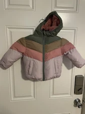  Swiss Tech Striped Green Pink Hooded Puffer Winter Coat Size 12 Months