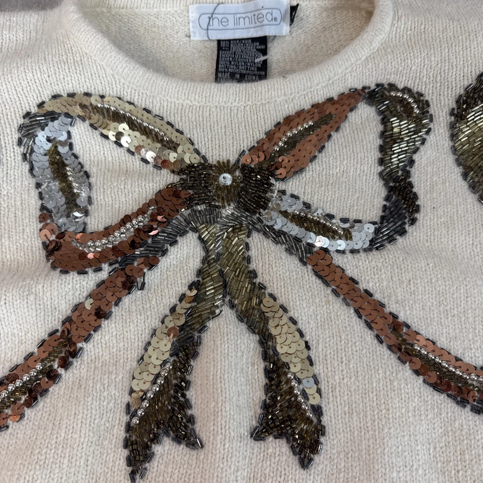 Suéter De Colección The Limited Años 90 Lentejuelas Vacaciones Angora Lana de Cordero M Acogedor Núcleo Crema Foto 2 de 4