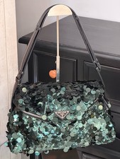AUTH Prada Signaux Green Iridescent Sequins Shoulder Bag Calfskin Trim