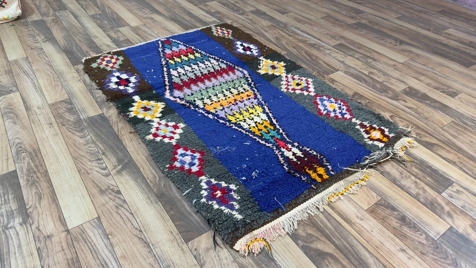 Vintage Moroccan Berber Rug 2.7x4.1 ft–Handwoven Wool Tribal Boho Blue Geometric - Image 4 of 4