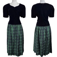 Nuevo con etiquetas Vestido Midi Acampanado Acampanado Calce Escocés Vintage 14 P Terciopelo Tafetán Manga Abullonada