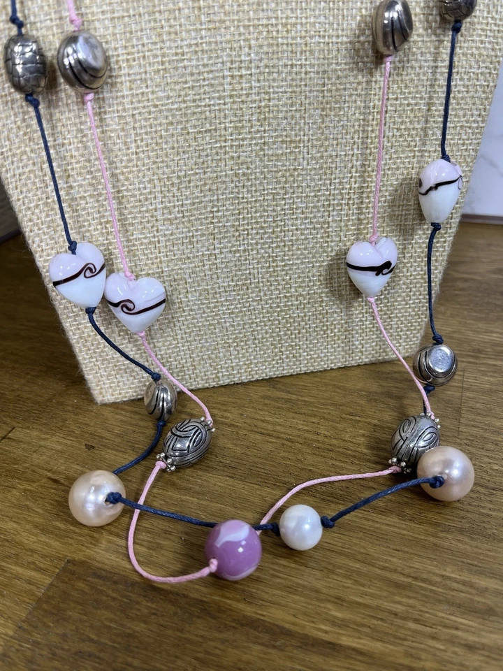 2 Bead Necklaces Long Pink & Blue Glass Heart & Mixed Station Layering 202 - Image 3 of 4
