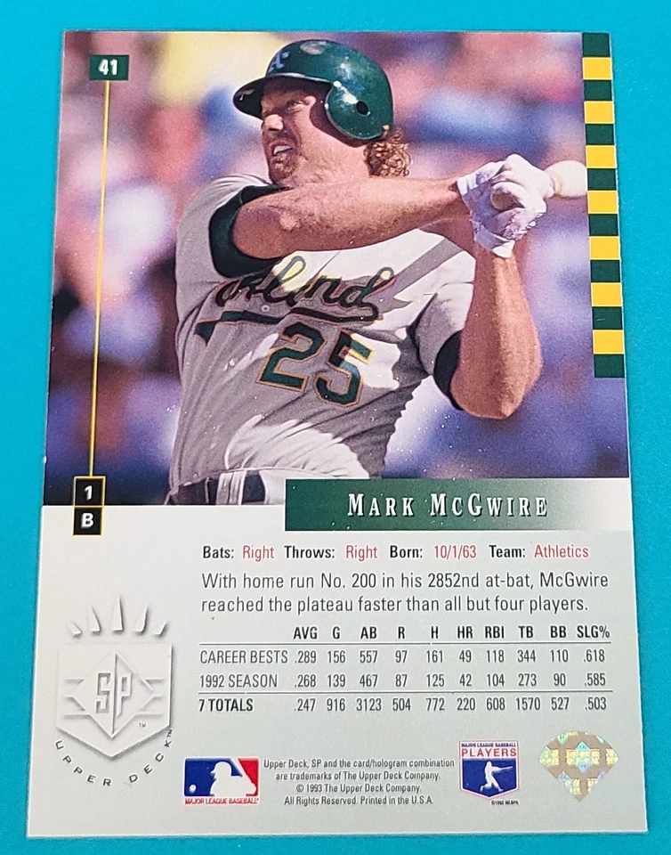 1993 SP #41 Mark McGwire Oakland Athletics BASEBALL Card R6 - Image 2 of 2