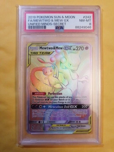 POKEMON UNIFIED MINDS MEWTWO & MEW GX #242 SECRET/HYPER RARE PSA 8 NM-MT #
