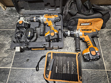 WORX 18V Cordless Drill Bundle 2x Drils, 3 x Batteries, Charger, Case, Bag, Bits