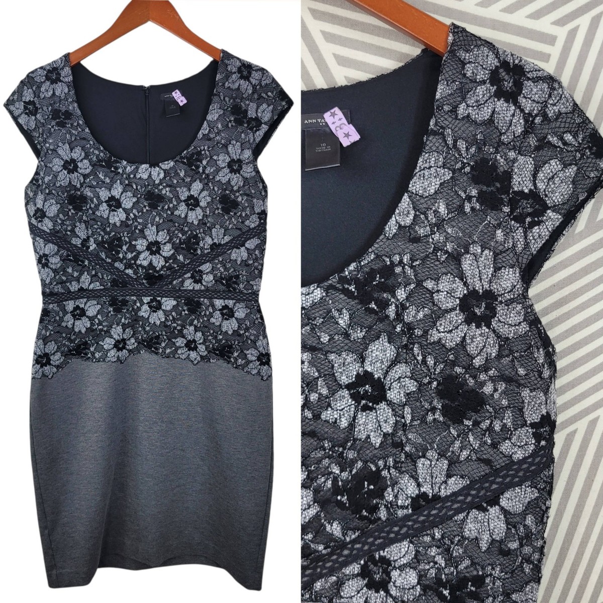 Ann Taylor Dress Size 10 Evening Special Event Sheath Knee Length Lace Top  Grey