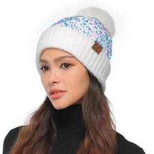 Sequin Fur Pom Beanie for Women - Stretchable Soft Warm with Faux Fur Pom Kni...