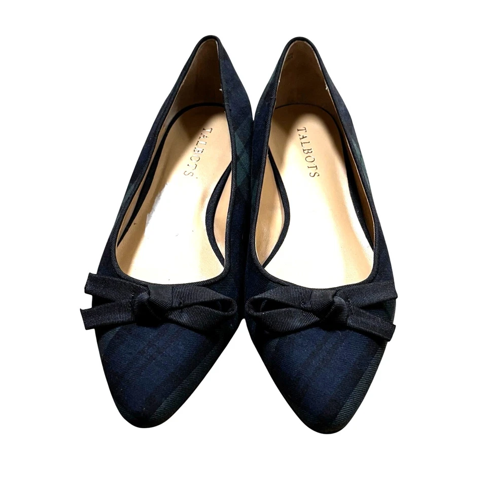 Talbots Zapatos Planos Elegantes Azul y Verde Tartán Cuadros Sin Cordones Arcos Preppy 7M Foto 3 de 4