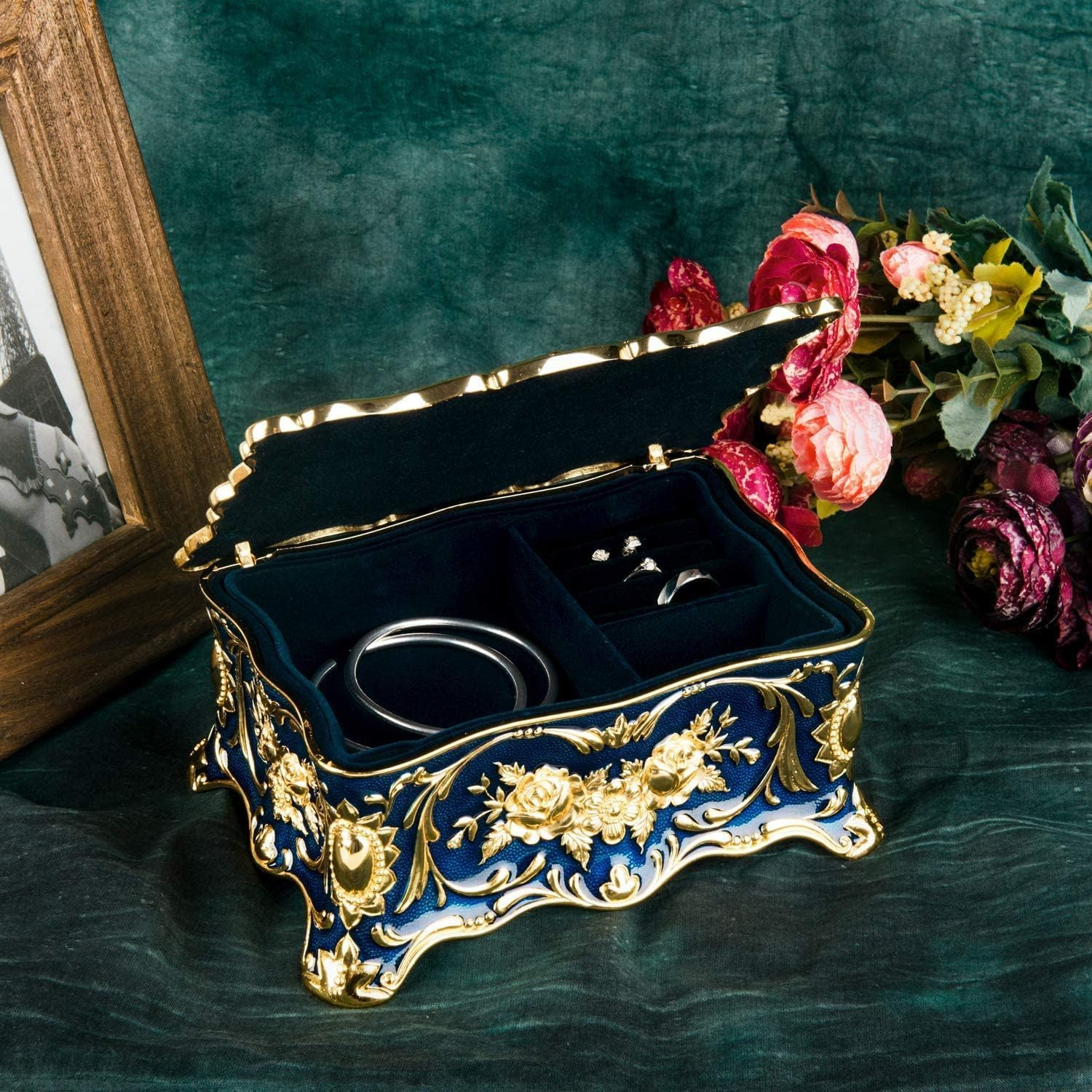 Vintage Two-Tier Rectangle Jewelry Box for Rings Earrings Trinkets Storage