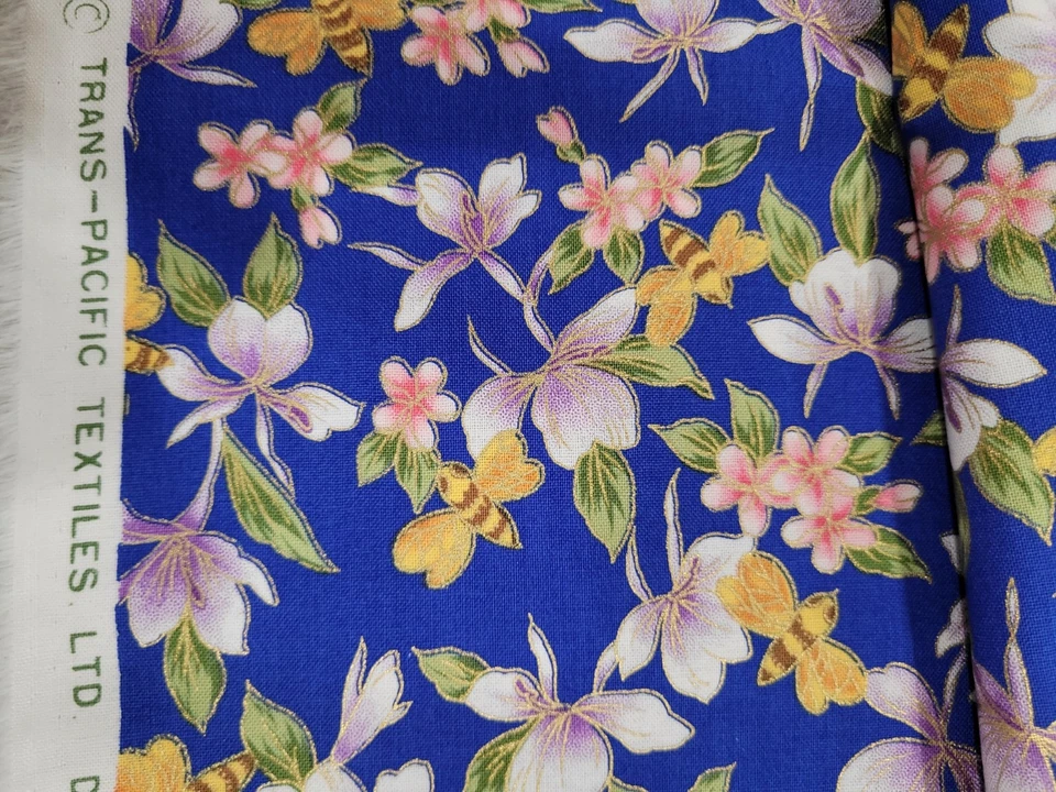 Хлопчатобумажная ткань Royal Blue с цветочным рисунком и пчелами. Транстихоокеанский текстиль 2 ярда - Изображение 3 из 4