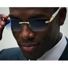 Mens Vintage Sunglasses Blue Gradient Lens Gold C-Decor White Temples Outfit New