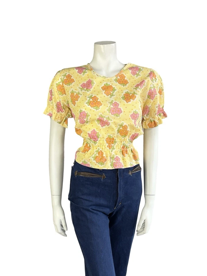 DE COLECCIÓN AÑOS 70 MOD AMARILLO BLANCO NARANJA ROSA FLORAL DAIST ELÁSTICO MANGA ABULLONADA TOP 10 Foto 3 de 4