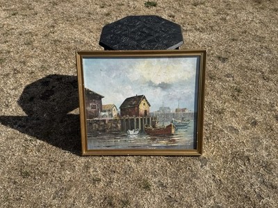 Vintage Öl auf Karton Gemälde gerahmt europäische Hafenszene Fischerdorf