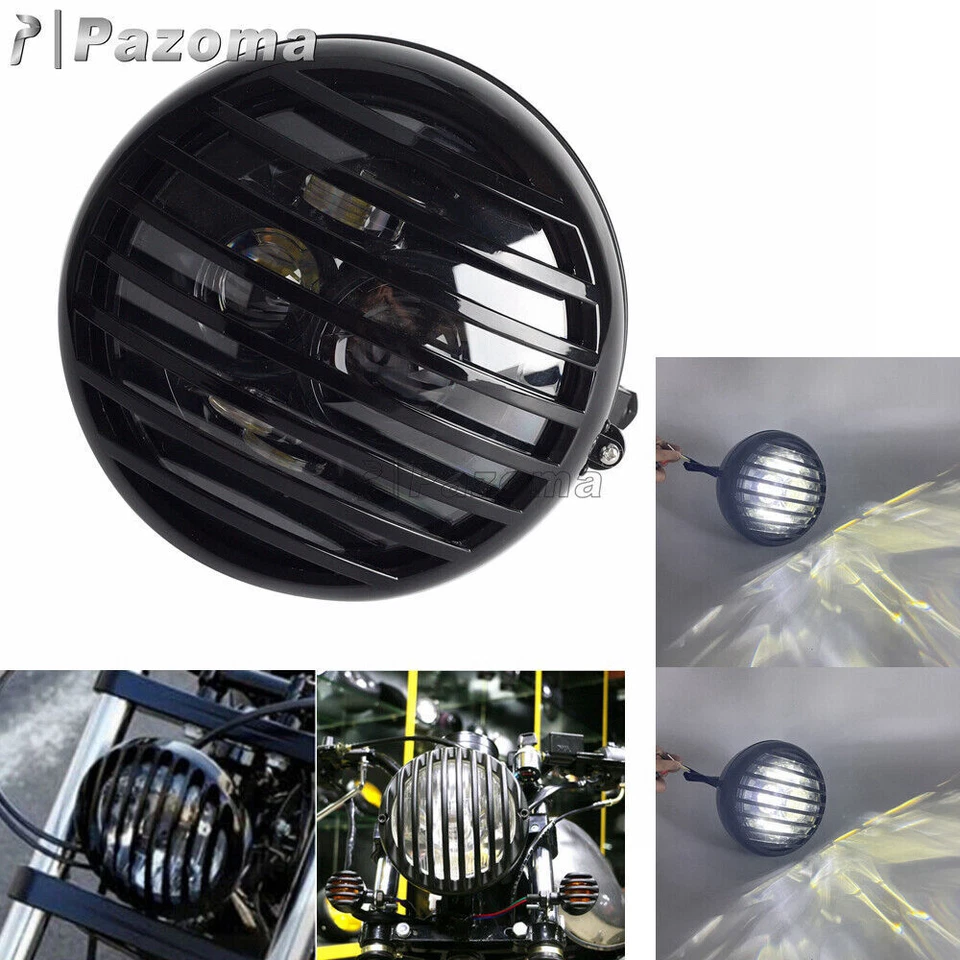 For Cafe Racer Motorcycle Retro Round Headlight w/Black Grill Scalloped Headlamp — 第 3/4 张图片