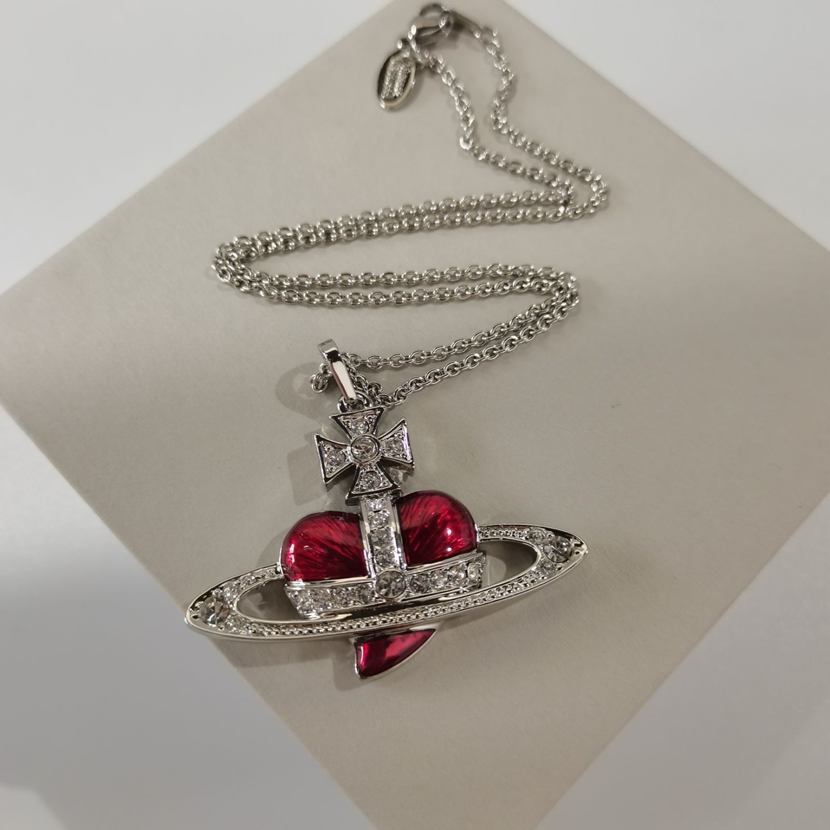 NM Vivienne Westwood Diamante Heart Orb large Necklace Silver Red