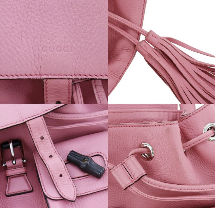 GUCCI Bamboo Pink Leather Tassel Fringe Drawstring Daily 