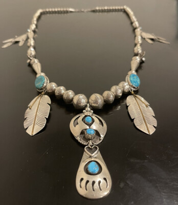 Joan Slifka Sterlingsilber Navajo Halskette Türkis Schattenkasten Bärenkralle 40 Zoll