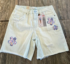 New w/Tags Girls Levi's Blue Denim Low Pitch Midi Shorts w/Flower Patches Sz 14