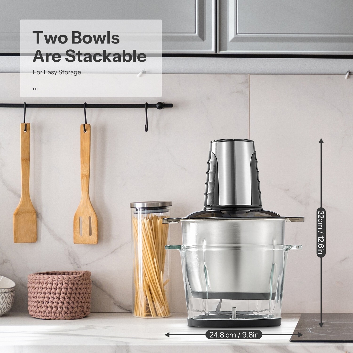 Food Processor, 2x 12-Cup Bowls, 500W Motor, 4 Blades